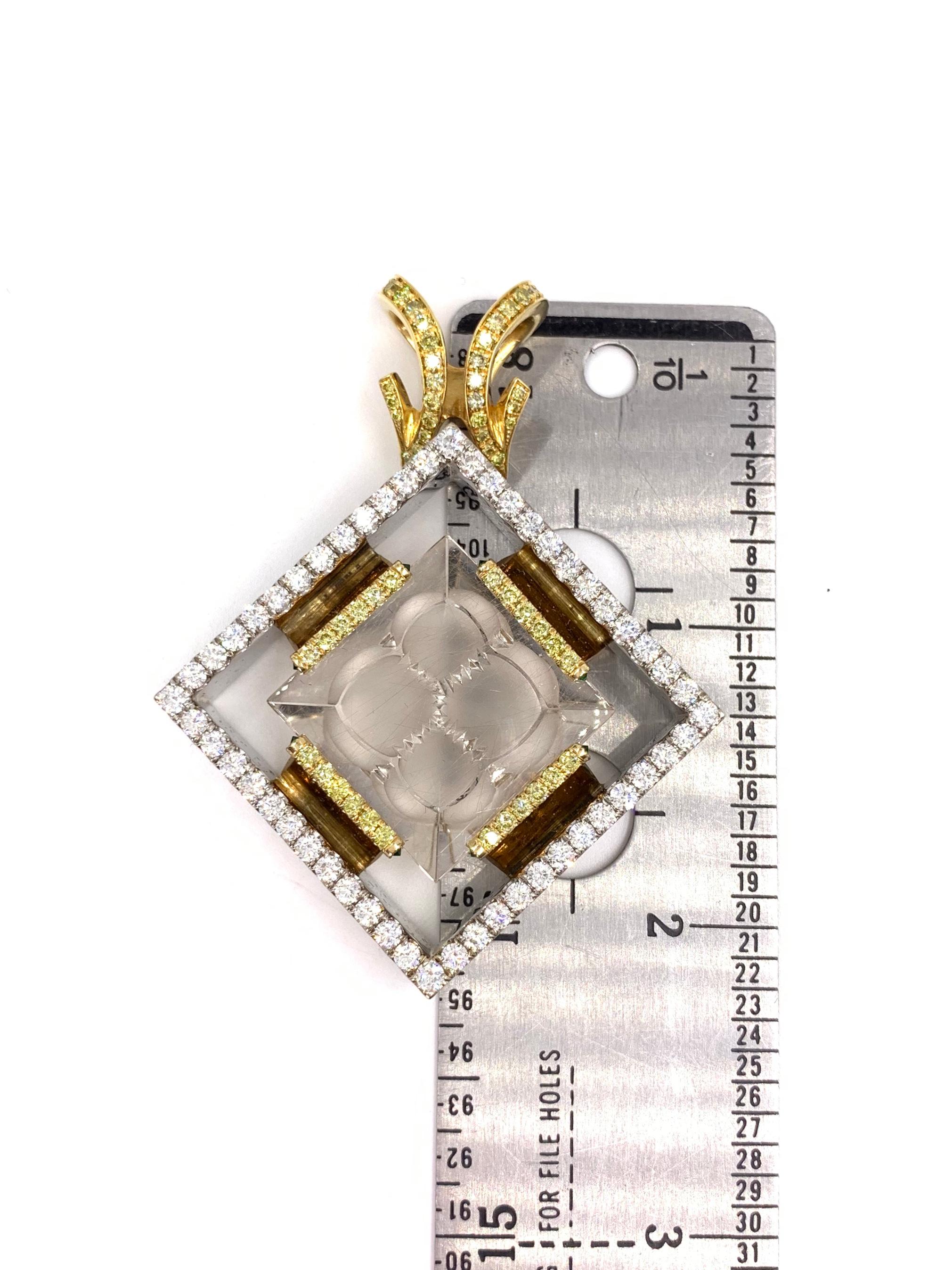 18 Karat Large Yellow and White Diamond Rutilated Quartz Pendant In Good Condition For Sale In Pikesville, MD