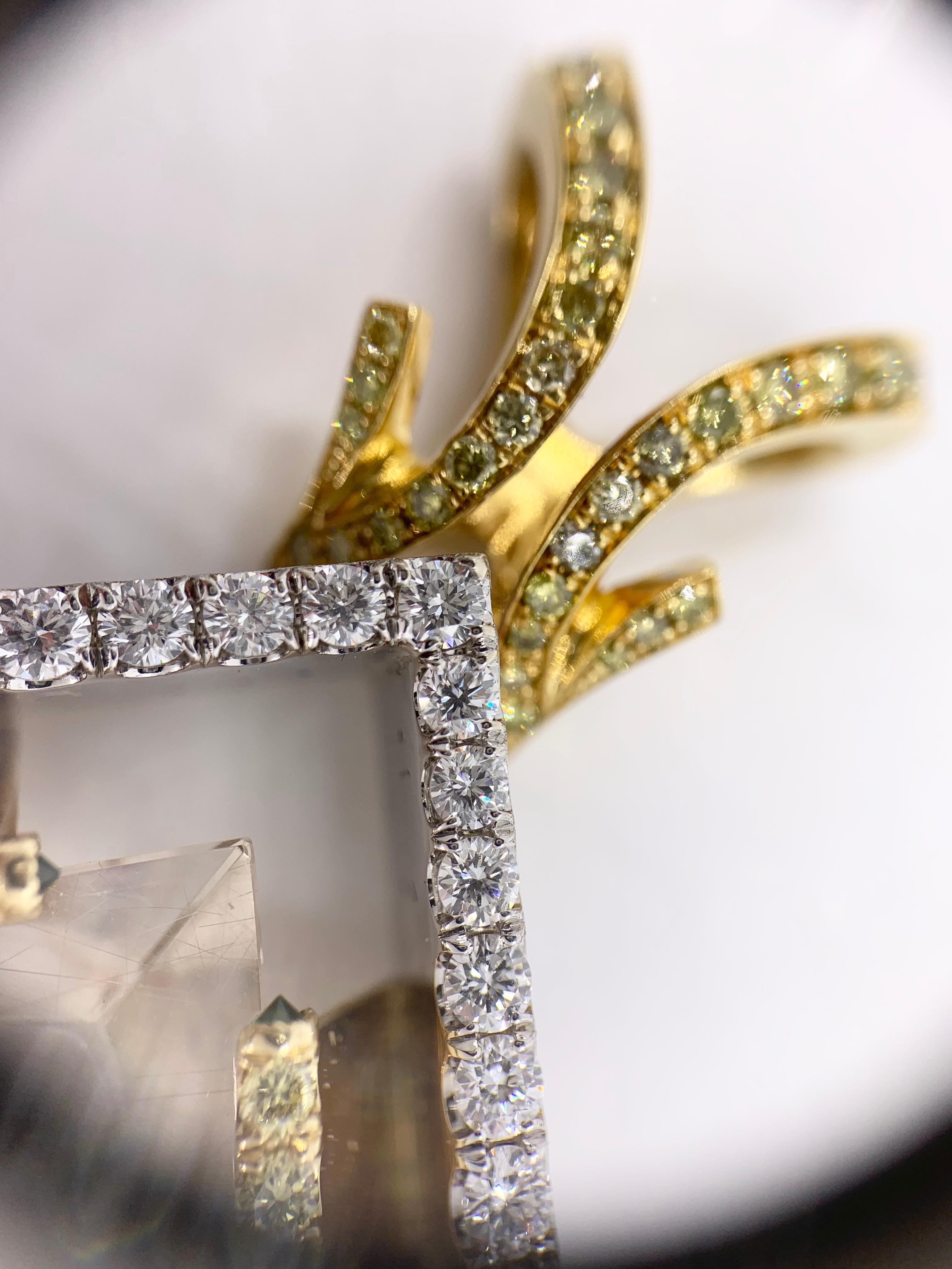 18 Karat Large Yellow and White Diamond Rutilated Quartz Pendant For Sale 2