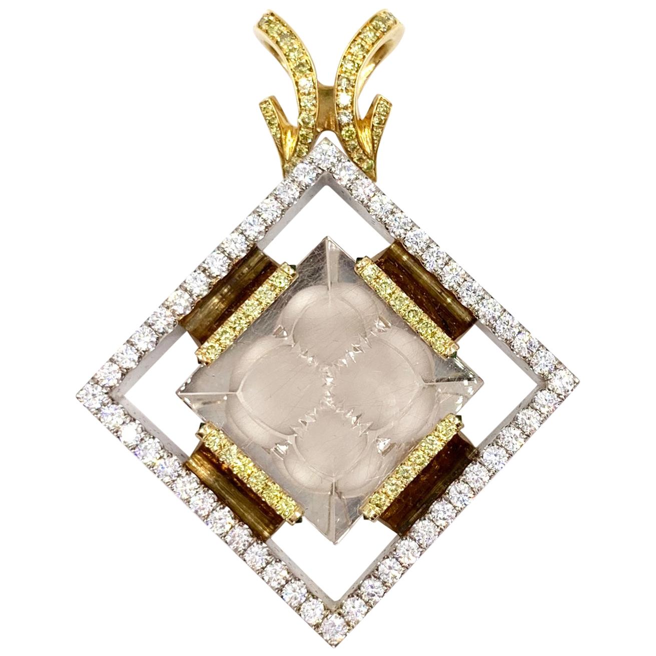18 Karat Large Yellow and White Diamond Rutilated Quartz Pendant For Sale