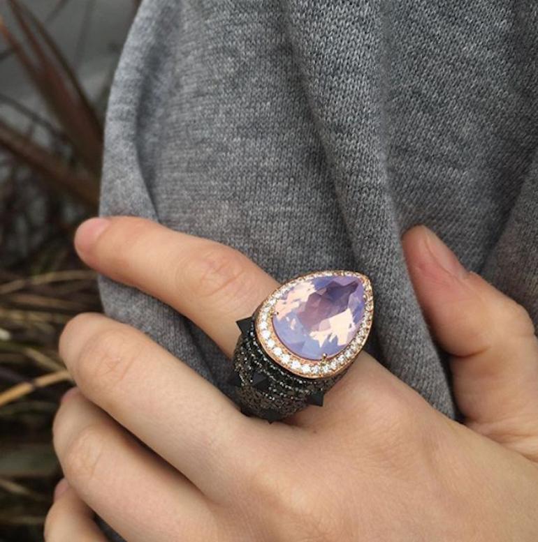 Contemporary Lavender Moon Quartz & Black Diamond Spike Rock Ring in 18k Rose Gold For Sale