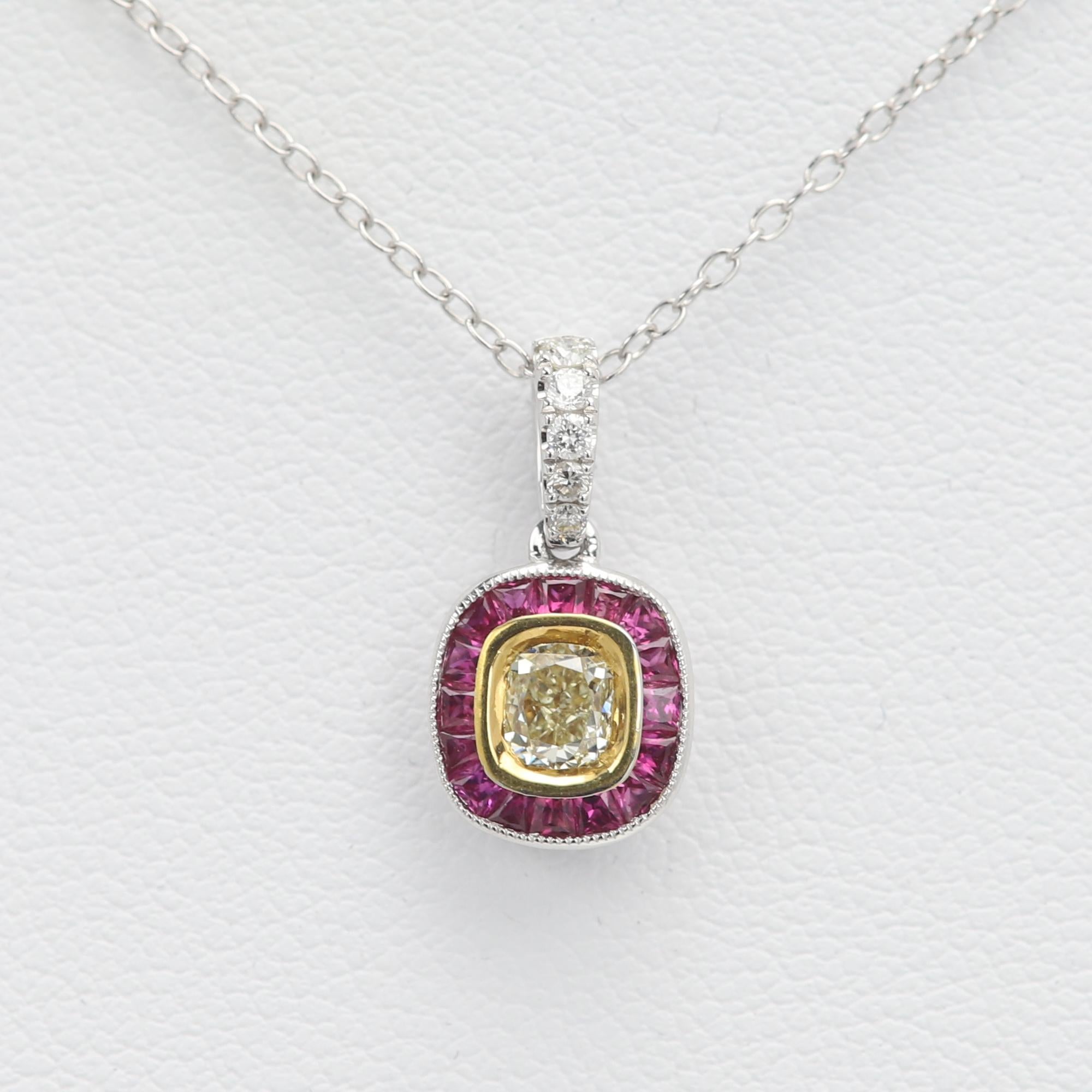 18 Karat Light Yellow Diamond Red Ruby Anhänger Art Deco Halskette im Angebot 7