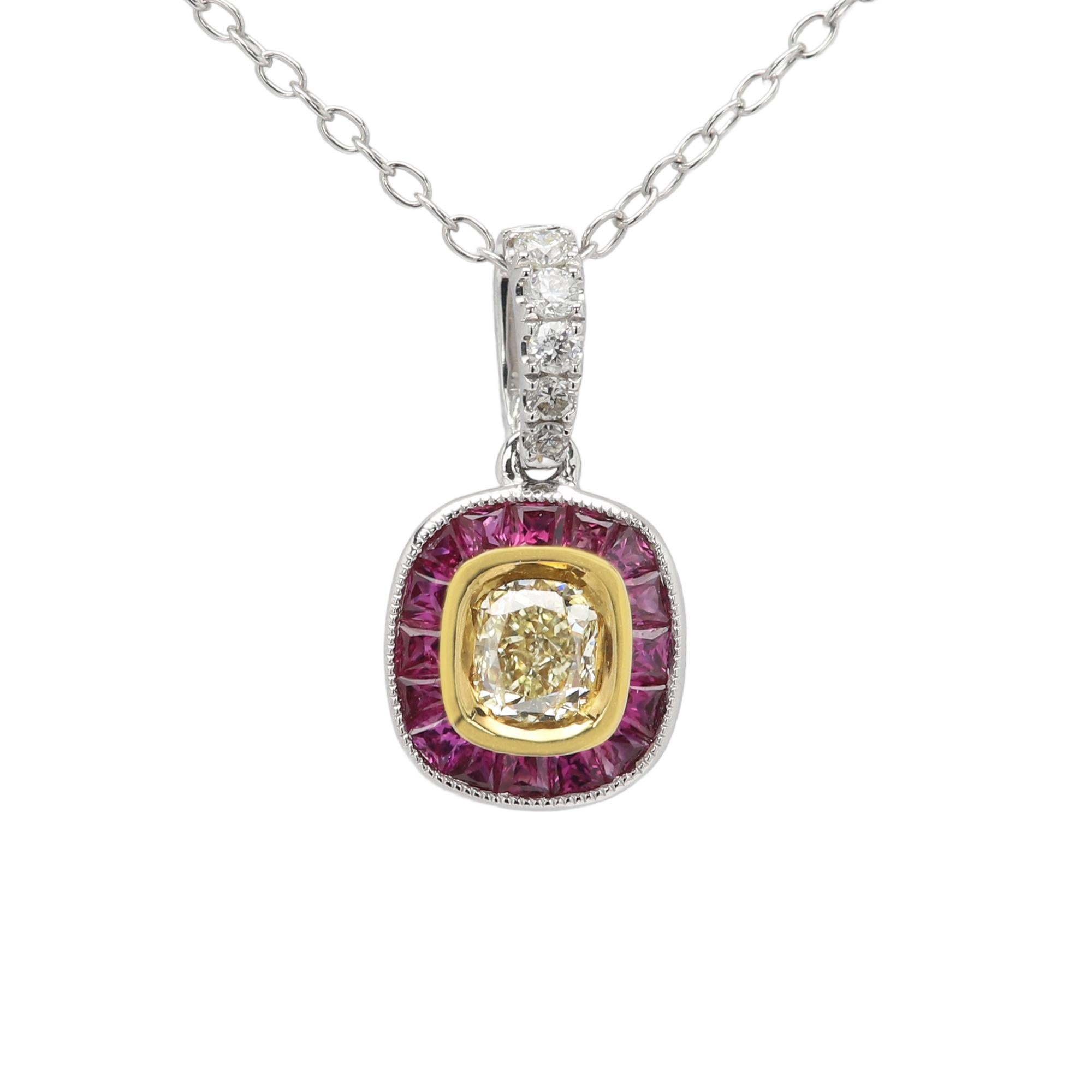 18 Karat Light Yellow Diamond Red Ruby Anhänger Art Deco Halskette (Art déco) im Angebot