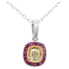 Collier Art Déco 18 carats jaune clair pendentif diamant rubis rouge