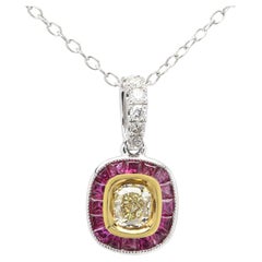 18 Karat Light Yellow Diamond Red Ruby Anhänger Art Deco Halskette