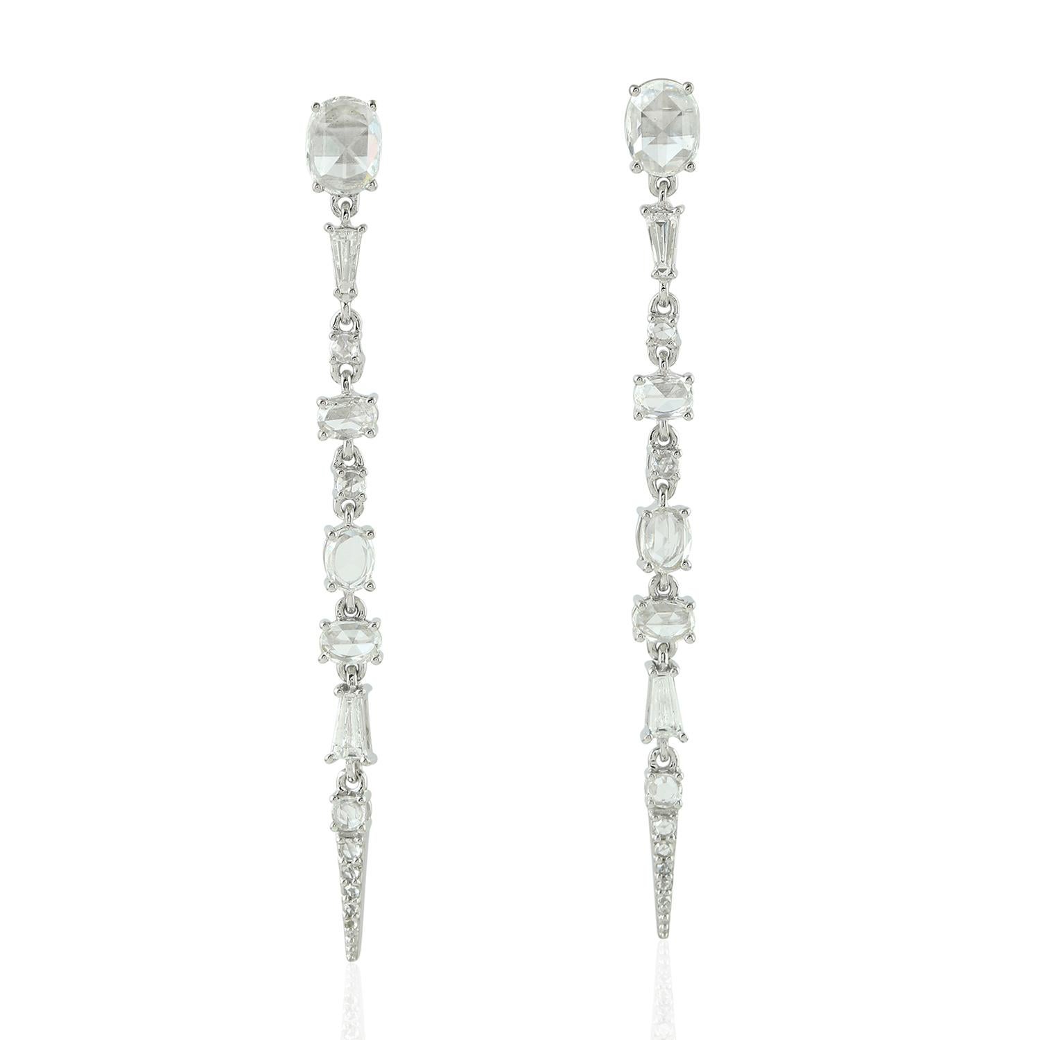 Contemporary 18 Karat Linear Diamond White Gold Earrings For Sale