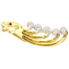 18 Karat Lioness Diamond and Ruby Large Brooch