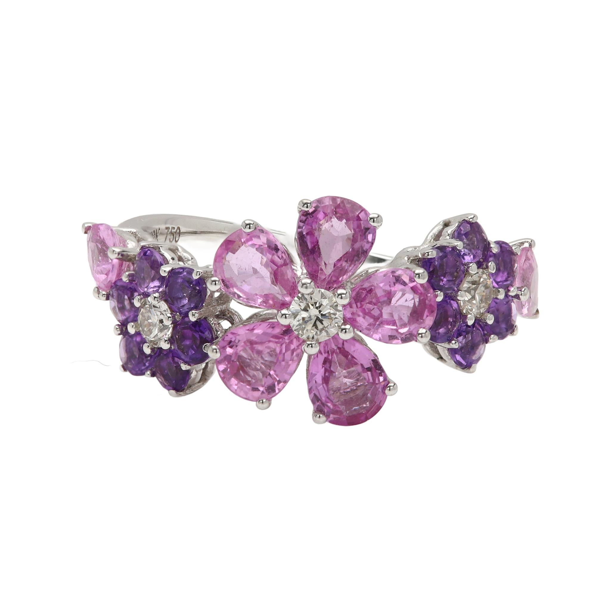 Anello Fiore 18 carati Ametista viola e zaffiro rosa gemme naturali in vendita 5