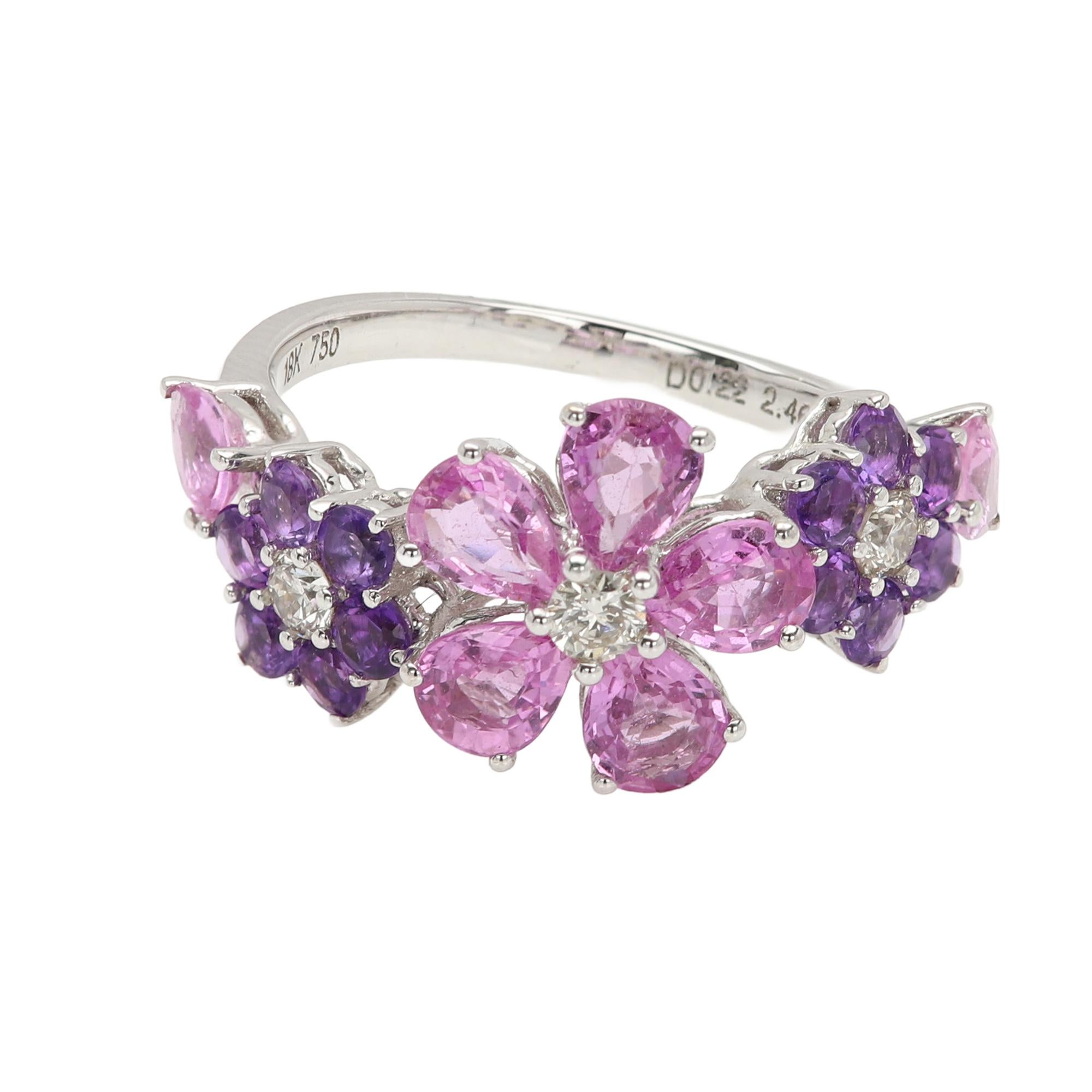 Anello Fiore 18 carati Ametista viola e zaffiro rosa gemme naturali in vendita 6