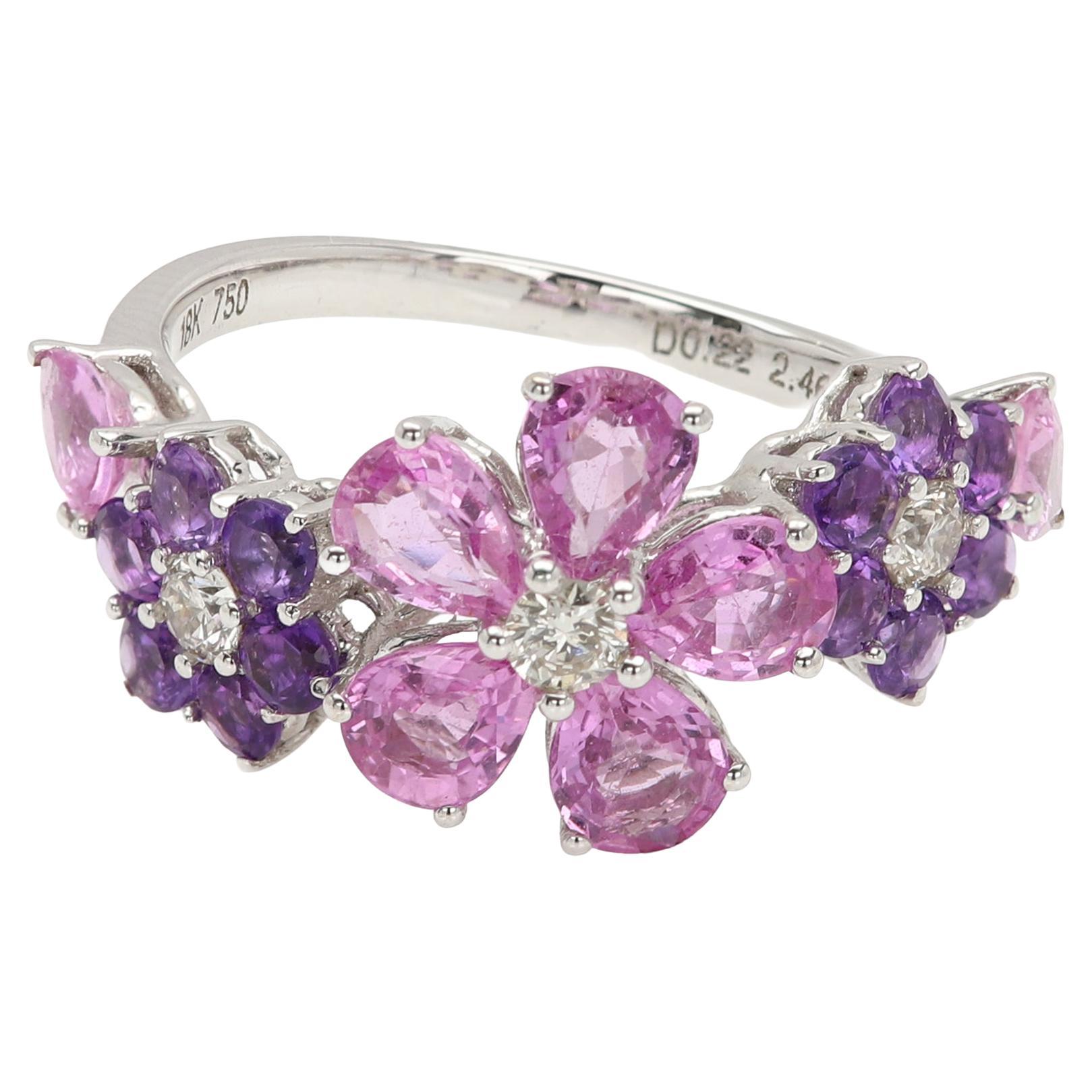 Anillo Flor Precioso 18 Kilates Amatista Violeta y Zafiro Rosa gemas naturales