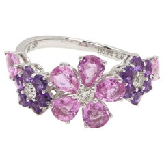 18 Karat Lovely Flower Ring Purple Amethyst and Pink Sapphire natural gemstones