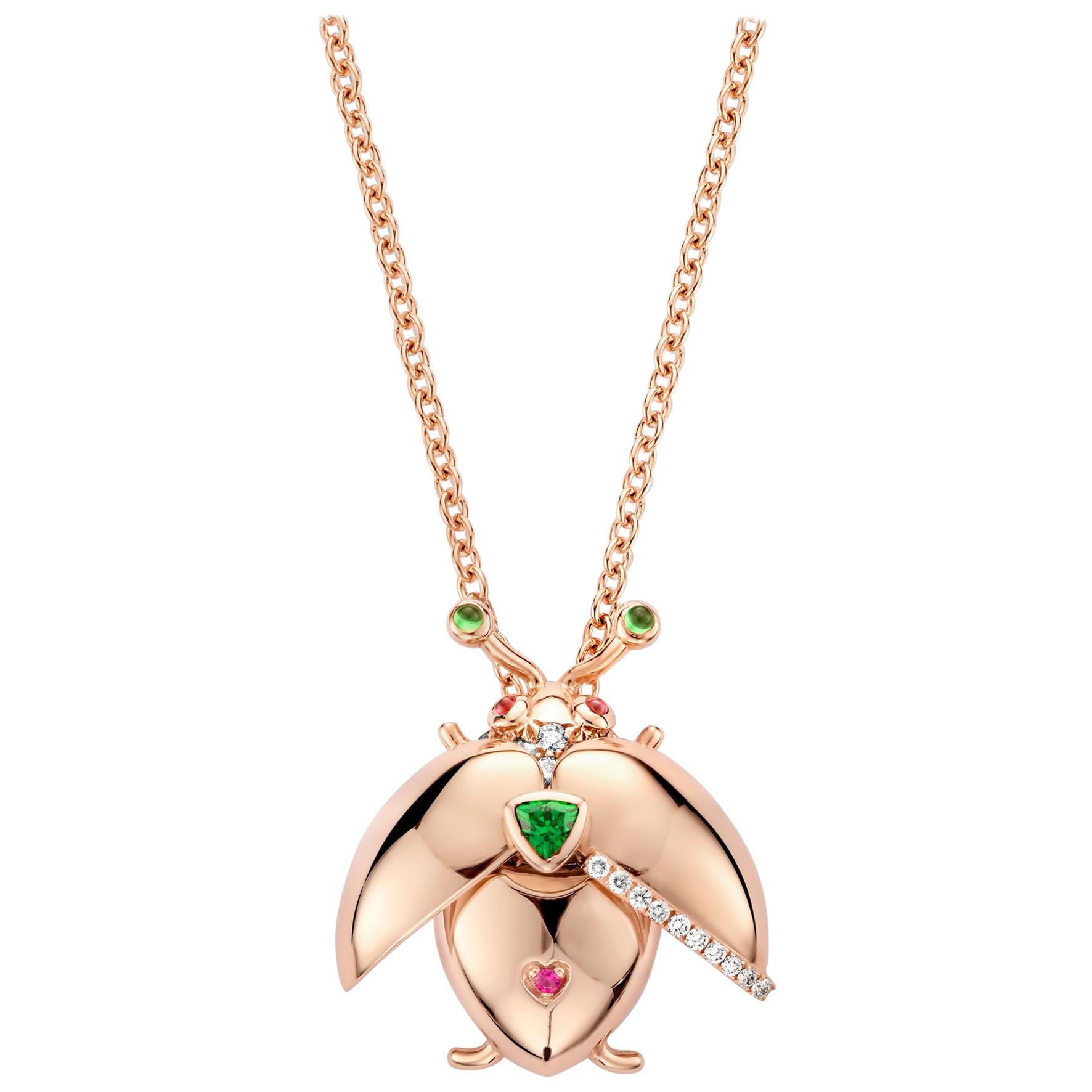 One of a kind lucky beetle necklace in 18K rose gold 11g set with the finest diamonds in brilliant cut 0,37Ct (VVS/DEF quality) one natural, tsavorite in triangel cut and a pink sapphire in brilliant cut. The feelers and the eyes are set with