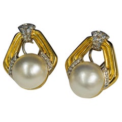 18 Karat Mabe Pearl and Diamond Earrings