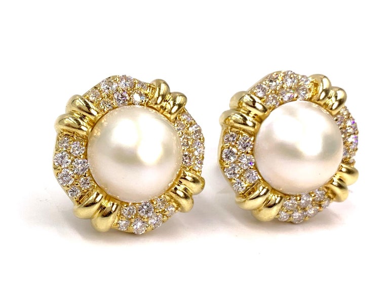 18 Karat Mabe Pearl and Diamond Large Button Earrings For Sale at 1stDibs