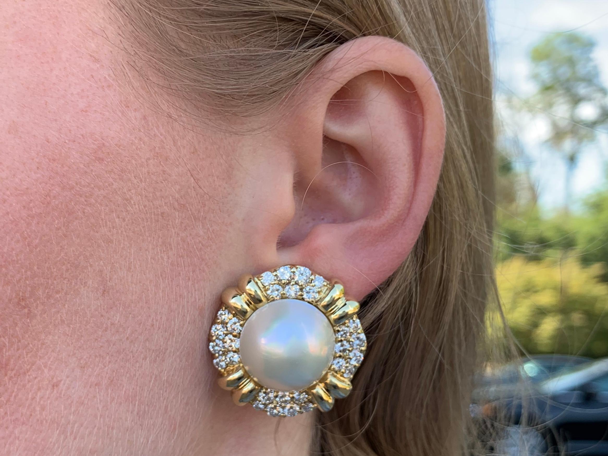 Round Cut 18 Karat Mabe Pearl and Diamond Large Button Earrings For Sale