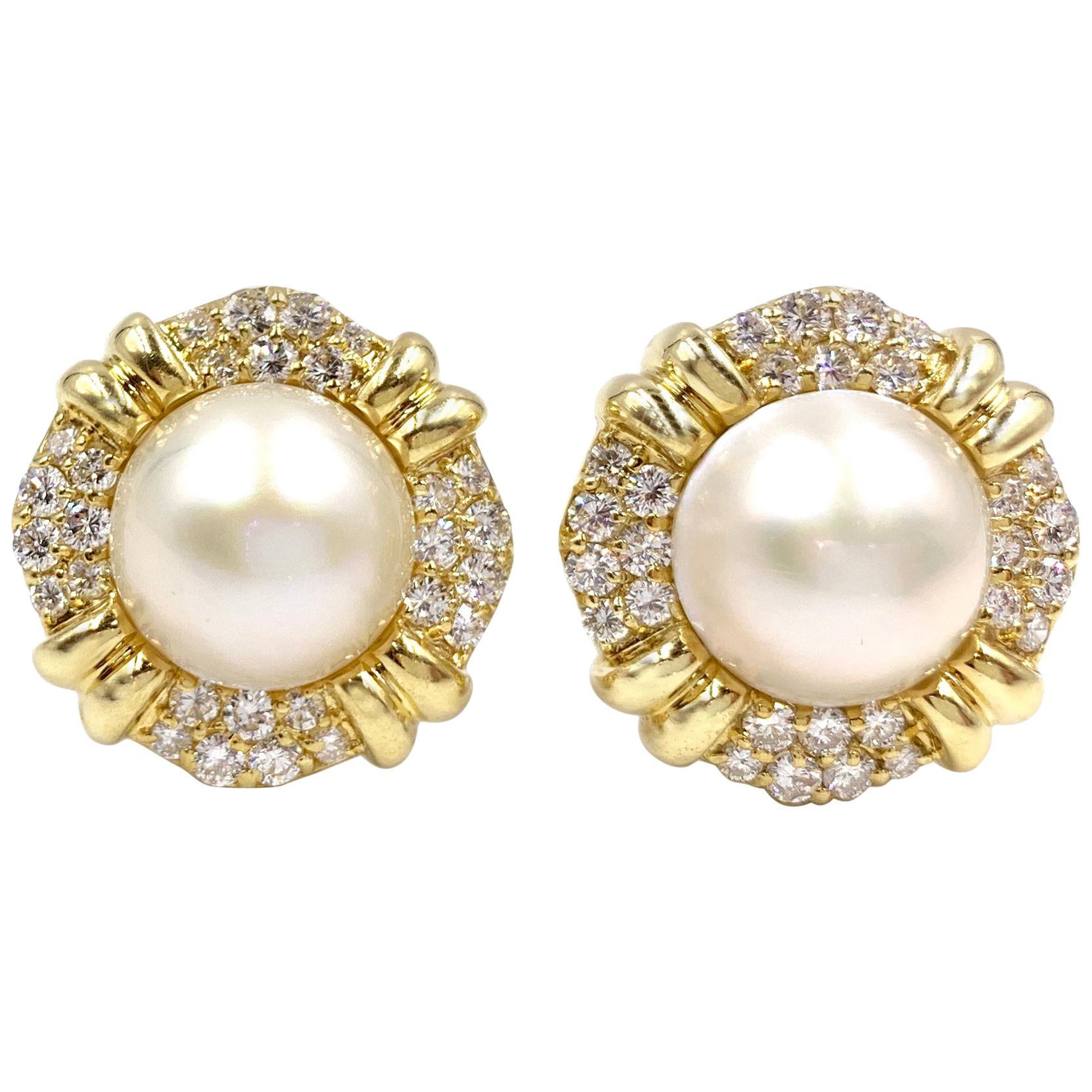 18 Karat Mabe Pearl and Diamond Large Button Earrings For Sale