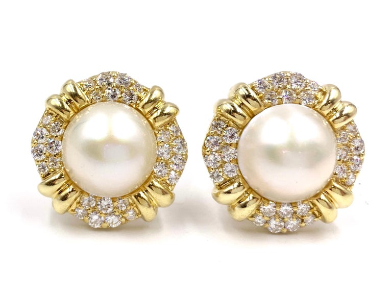 18 Karat Mabe Pearl And Diamond Large On Earrings 18 Karat Mabe Pearl And Diamond Large On Earrings