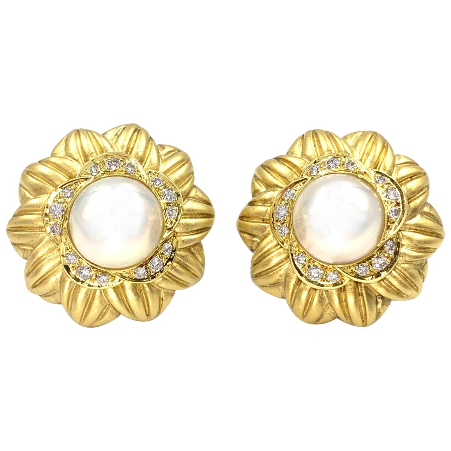 18 Karat, Mabe Pearl and Diamond Large Floral Button Earrings For Sale