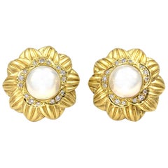 18 Karat, Mabe Pearl and Diamond Large Floral Button Earrings