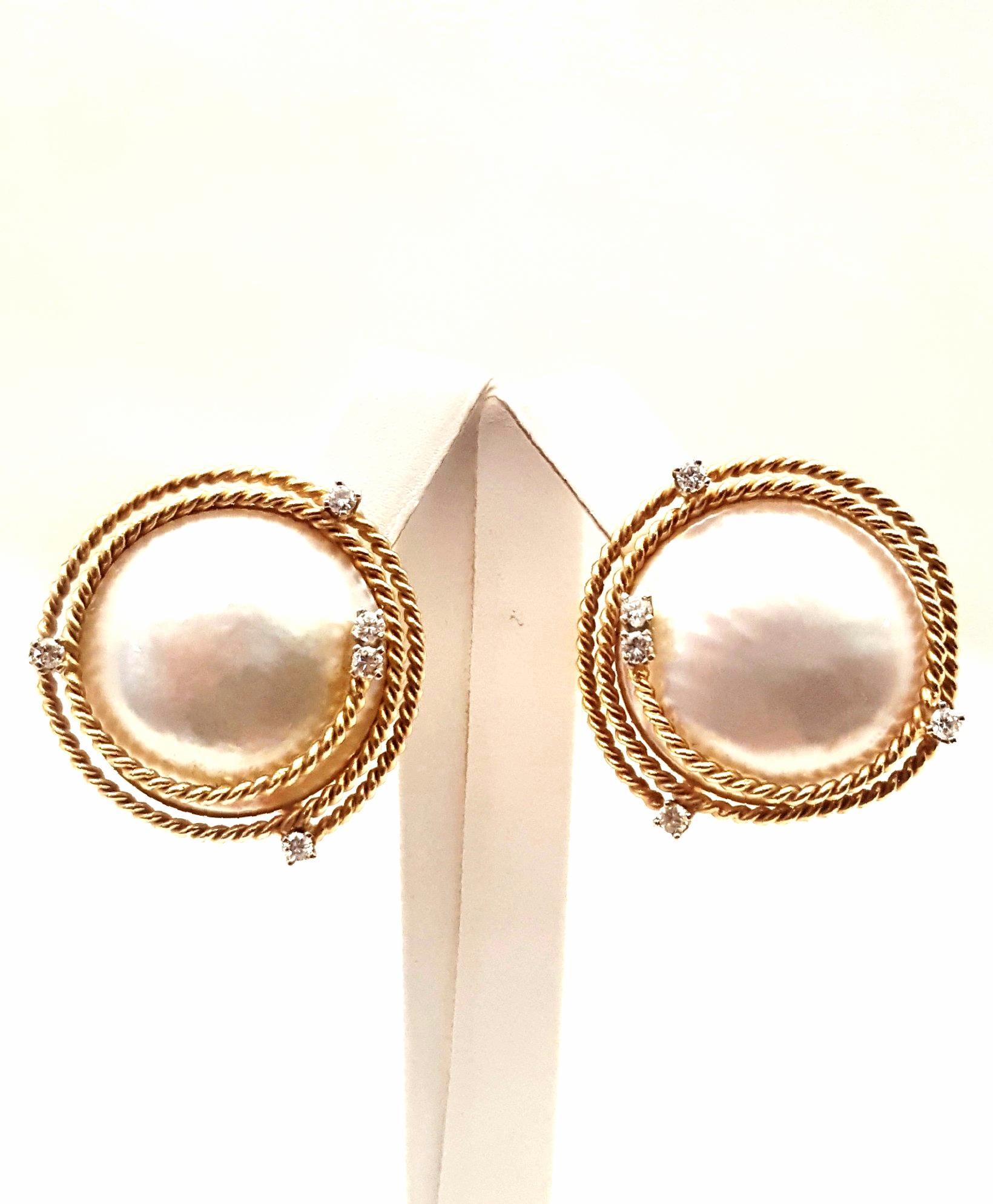 Contemporary 18 Karat Mabe Pearl with Diamonds on Rope Detail Earrings For Sale