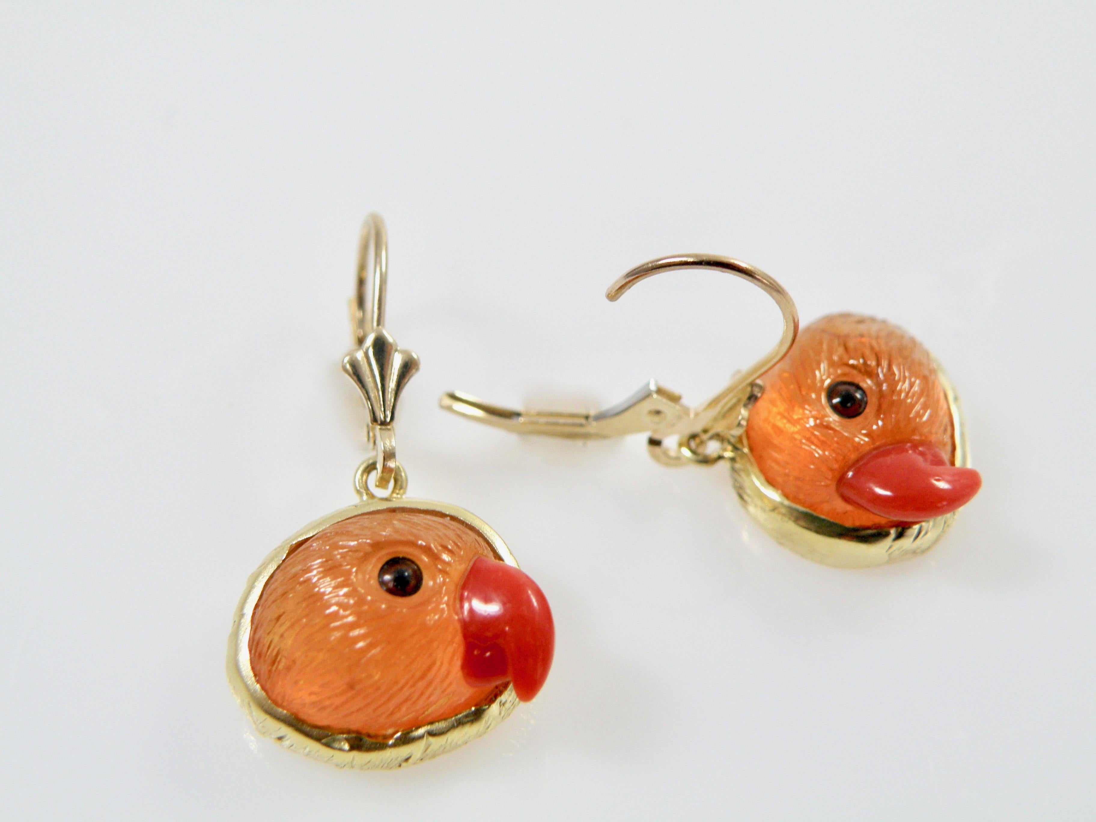 18 Karat Mandarin Garnet Handcarved Earrings with Coral Beak