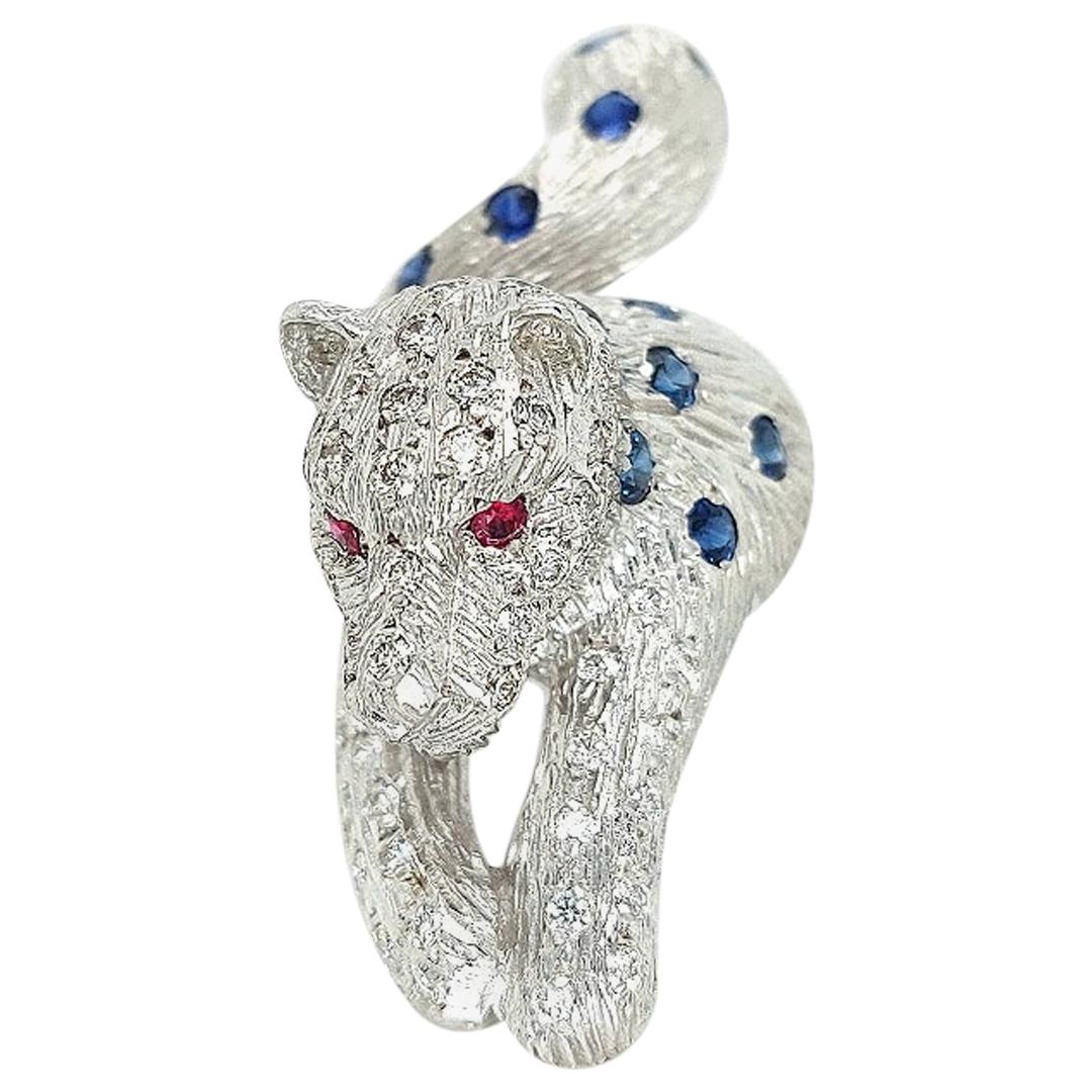 18kt Maramenos Pateras Panther or Tiger Ring with Diamonds and Sapphires For Sale