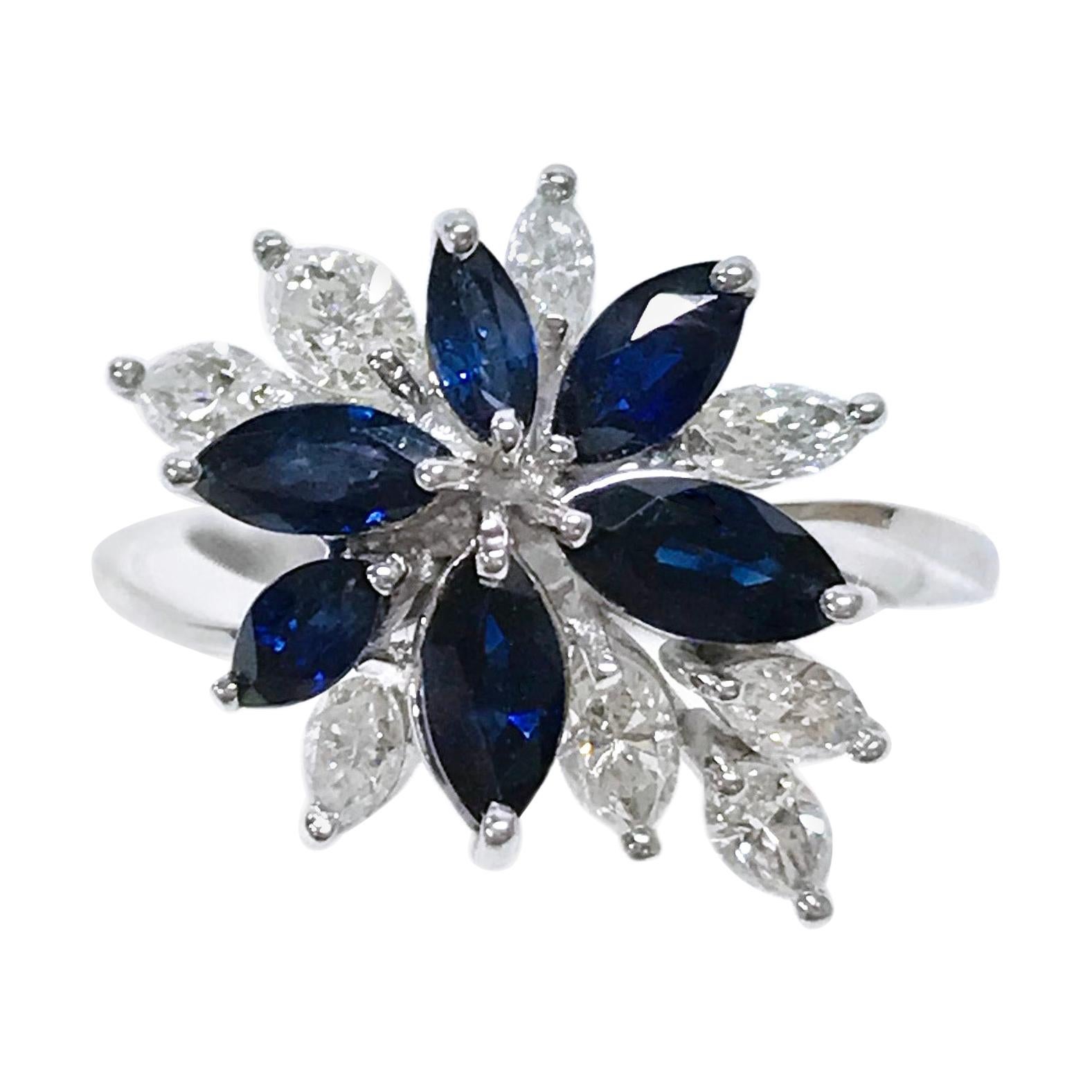 Blauer Saphir-Diamant-Cluster-Ring aus Weißgold mit Marquise-Schliff