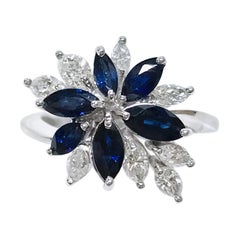 Retro White Gold Marquise-Cut Blue Sapphire Diamond Cluster Ring