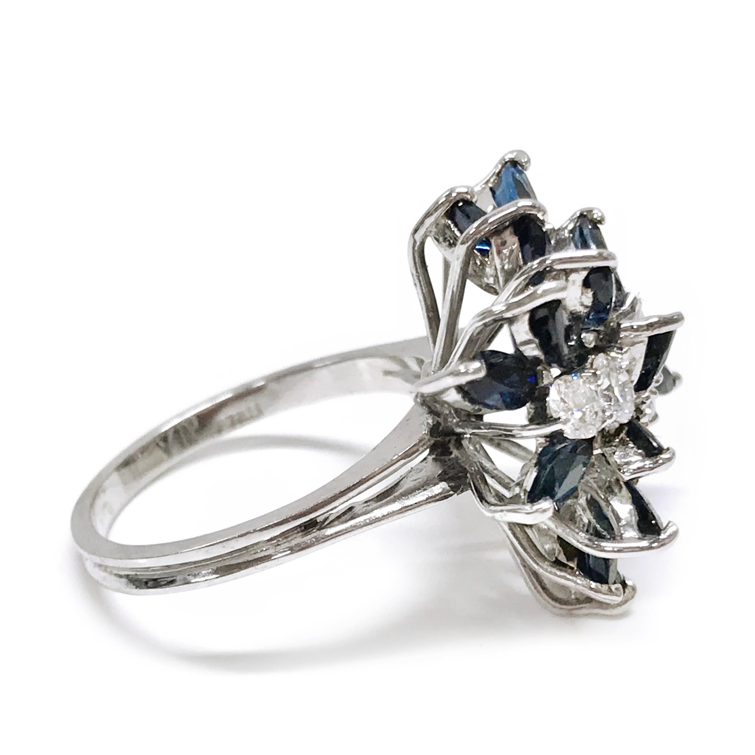 Retro White Gold Marquise-Cut Blue Sapphire Diamond Ring For Sale