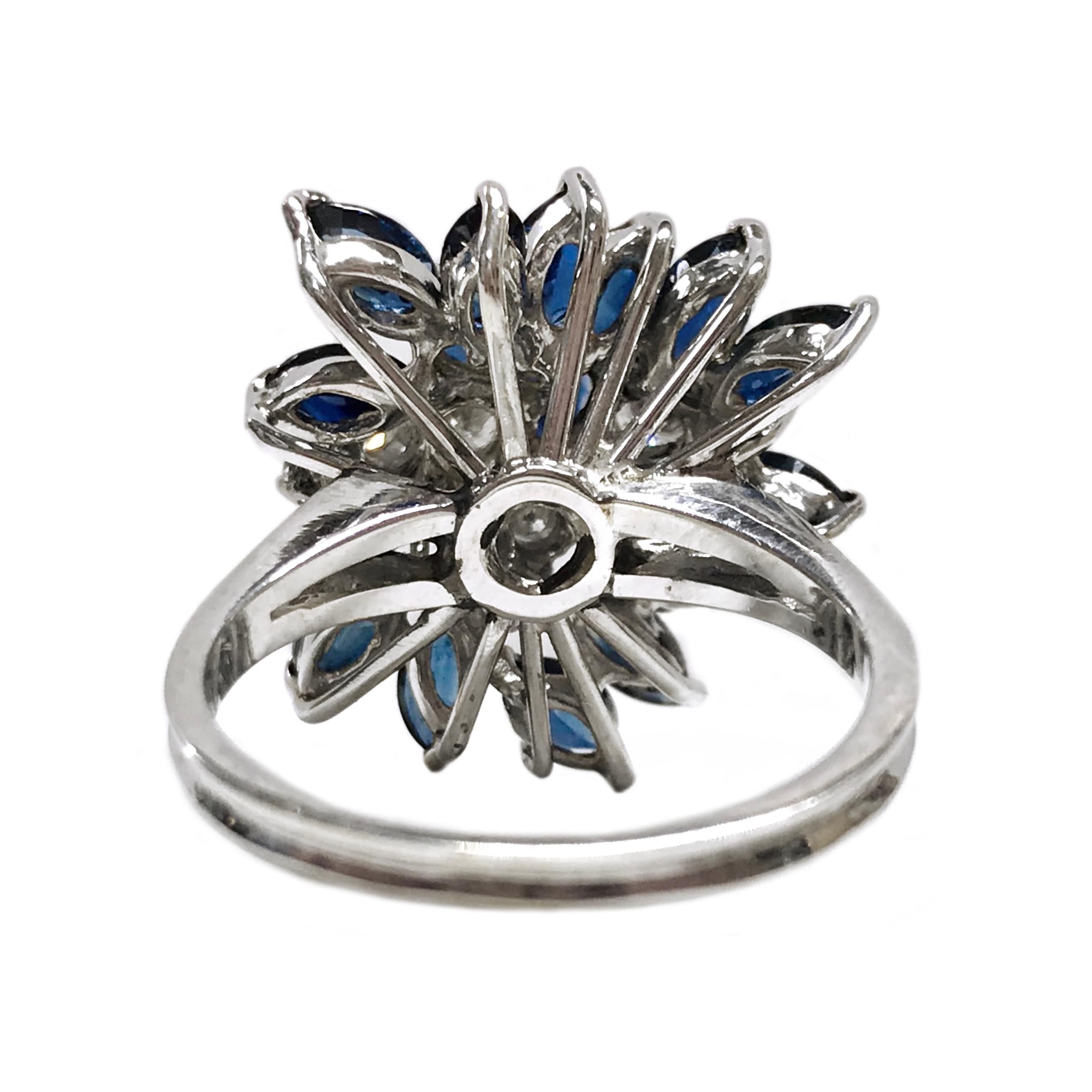 Round Cut White Gold Marquise-Cut Blue Sapphire Diamond Ring For Sale
