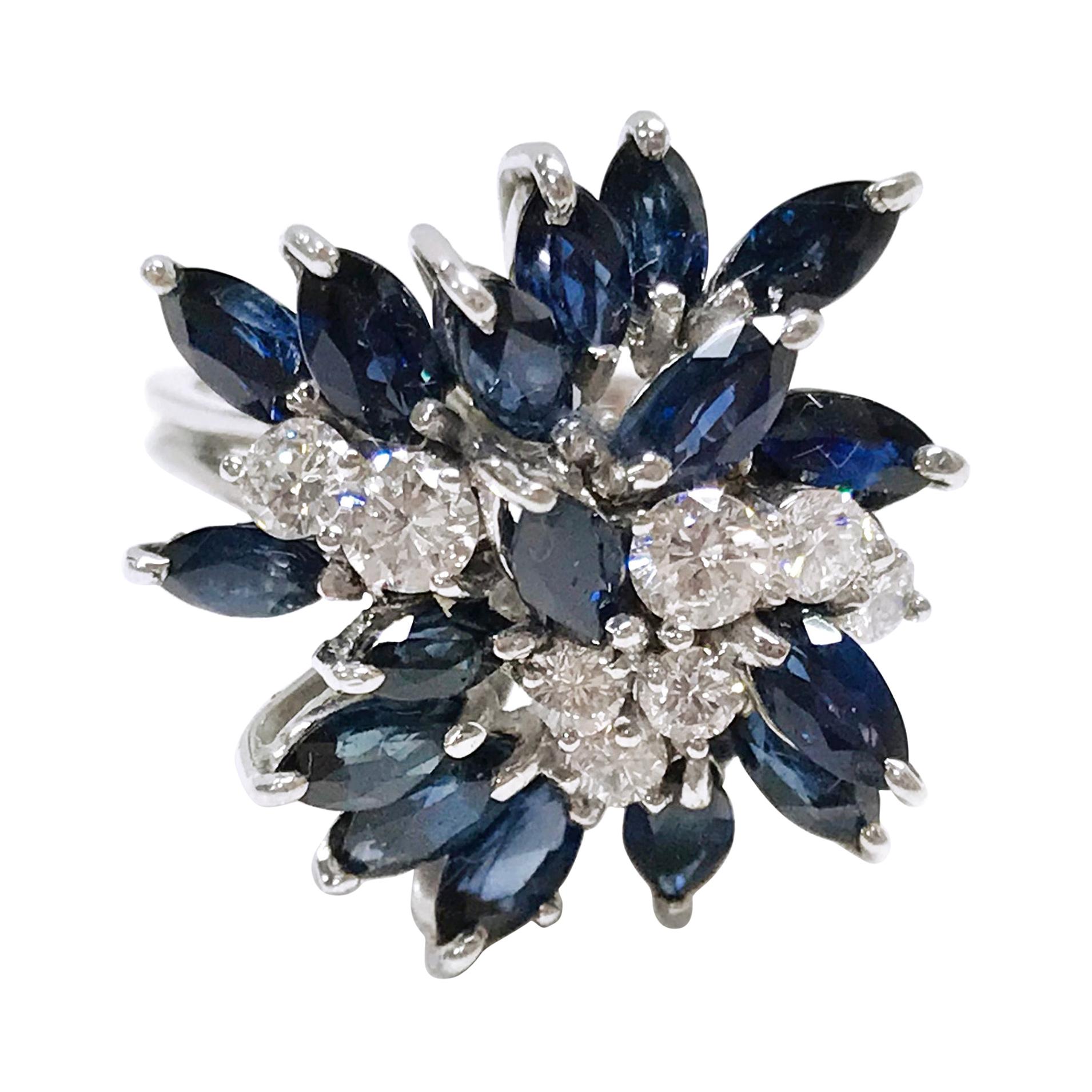 White Gold Marquise-Cut Blue Sapphire Diamond Ring For Sale