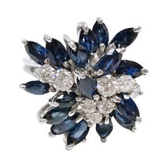 Retro White Gold Marquise-Cut Blue Sapphire Diamond Ring