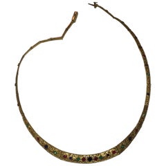 18 Karat Matte Gold Etruscan Style Gemstone Collar Necklace