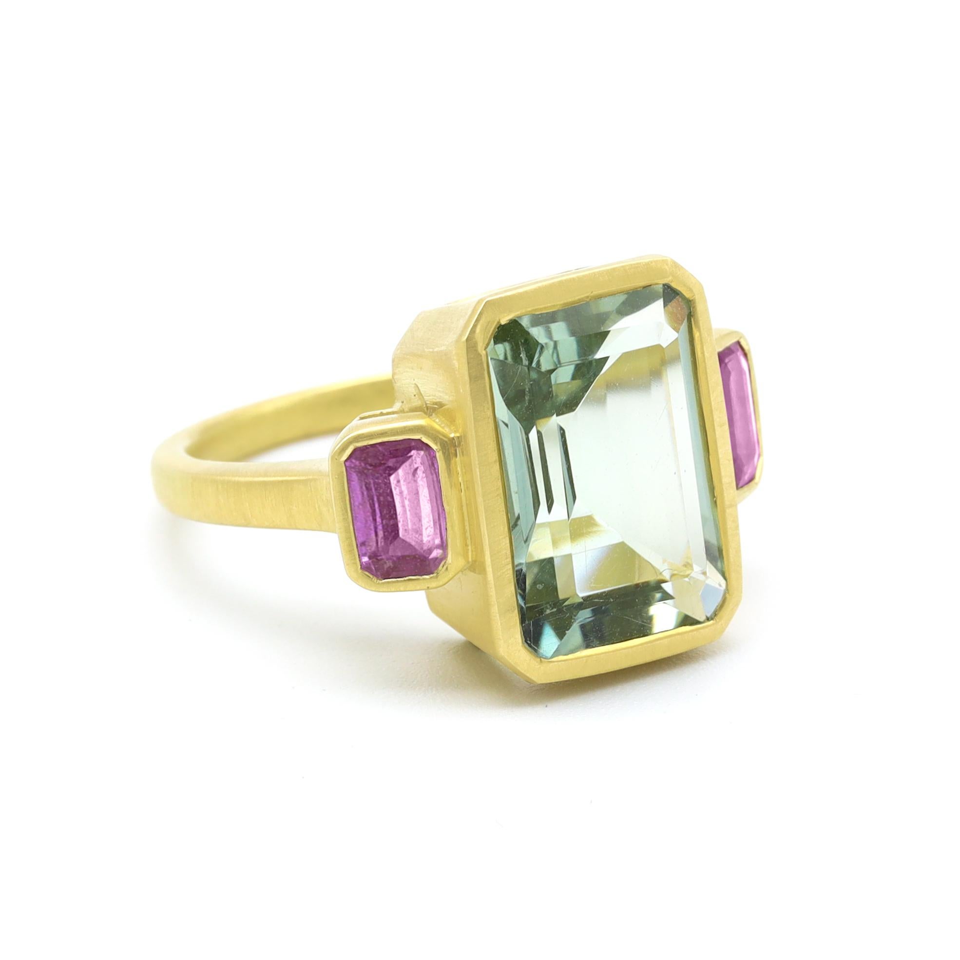 Emerald Cut 18 Karat Matte Yellow Gold 6.43 Carat Aquamarine and Pink Sapphire Trinity Ring