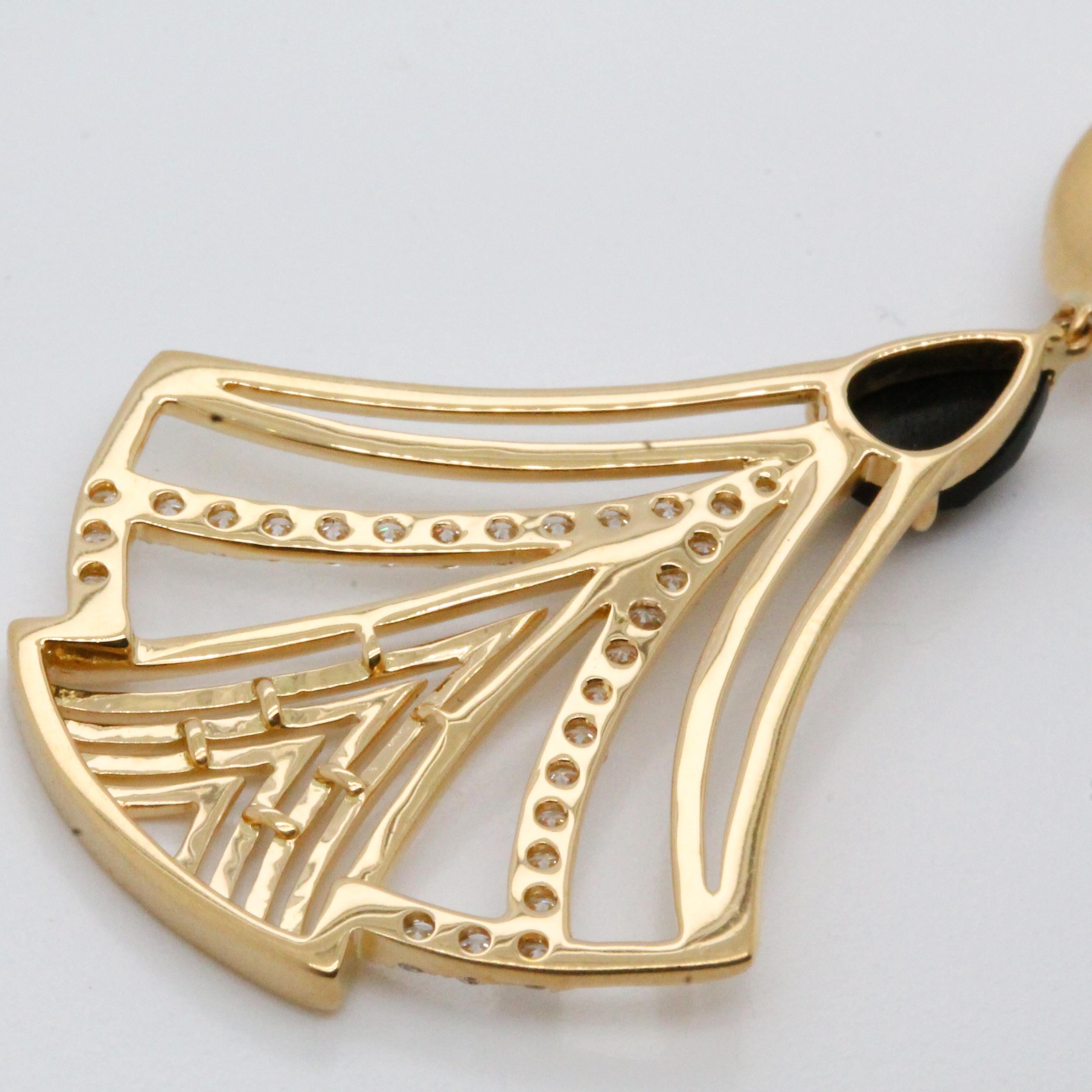 Women's 18 Karat Matte Yellow Gold Art Deco Style Drop Dangle Earrings with Black Onyx For Sale