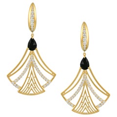 18 Karat Matte Yellow Gold Art Deco Style Drop Dangle Earrings with Black Onyx