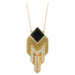 18 Karat Matte Yellow Gold Art Deco Style Necklace with Black Onyx & Diamonds