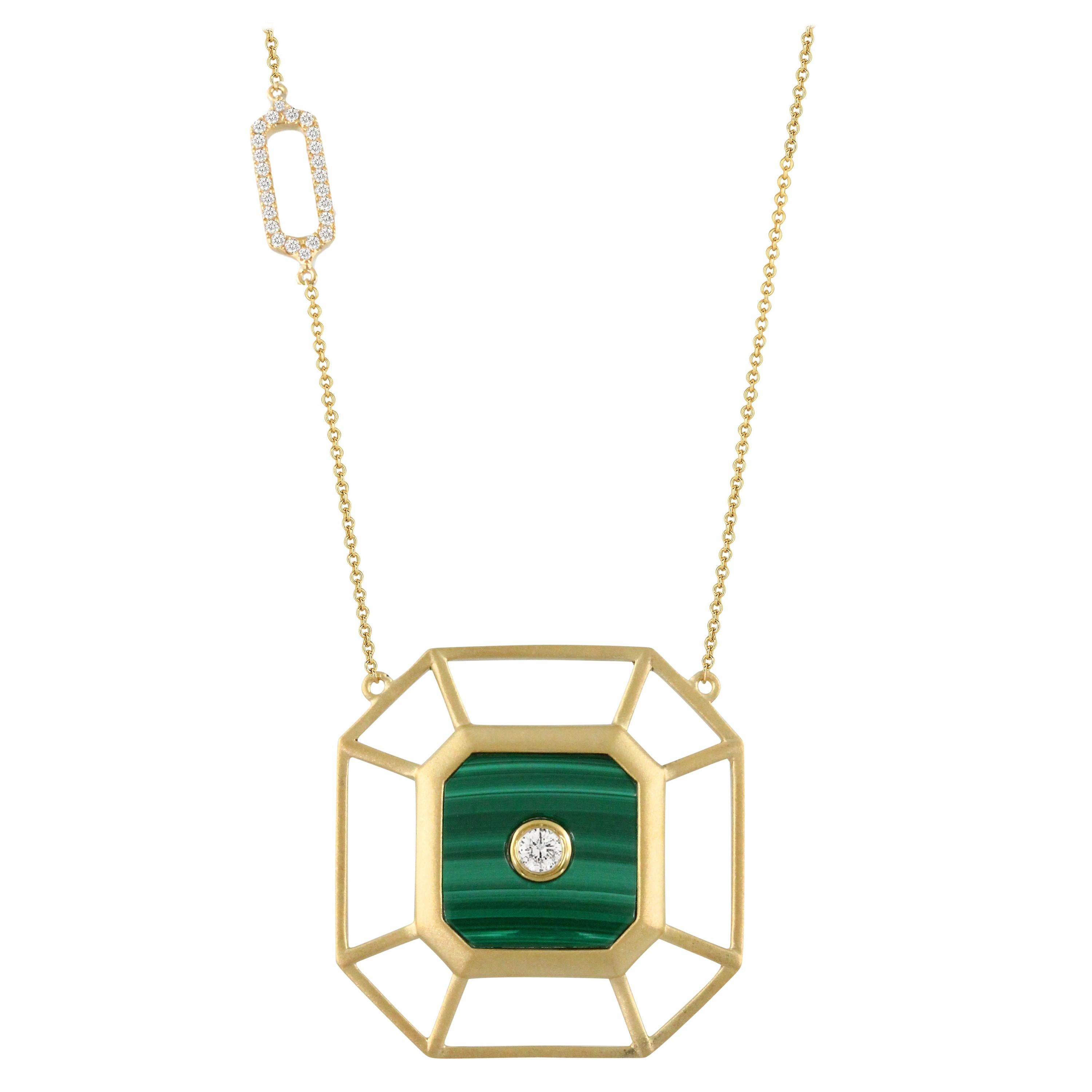18 Karat Matte Yellow Gold Art Deco Style Hexagon Necklace Malachite Diamonds For Sale