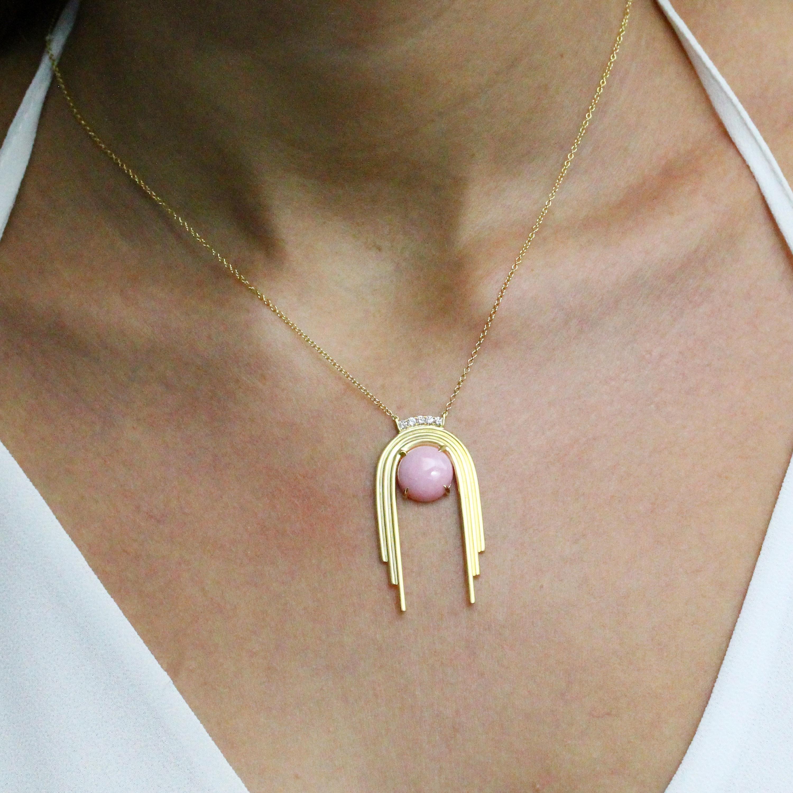 Dahlia Collection Art Deco Style Necklace, featuring 18K Matte Yellow Gold with Round Cabochon-cut Pink Opal, Diamond accents, hanging on an 18K gold and Diamond Station 18-inch chain with 16-inch adjuster. Pink Opal is a powerful stone, known for