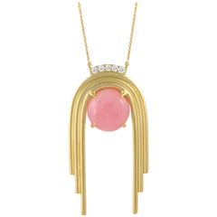 18 Karat Yellow Gold Art Deco Style Necklace Cabochon Pink Opal and Diamonds