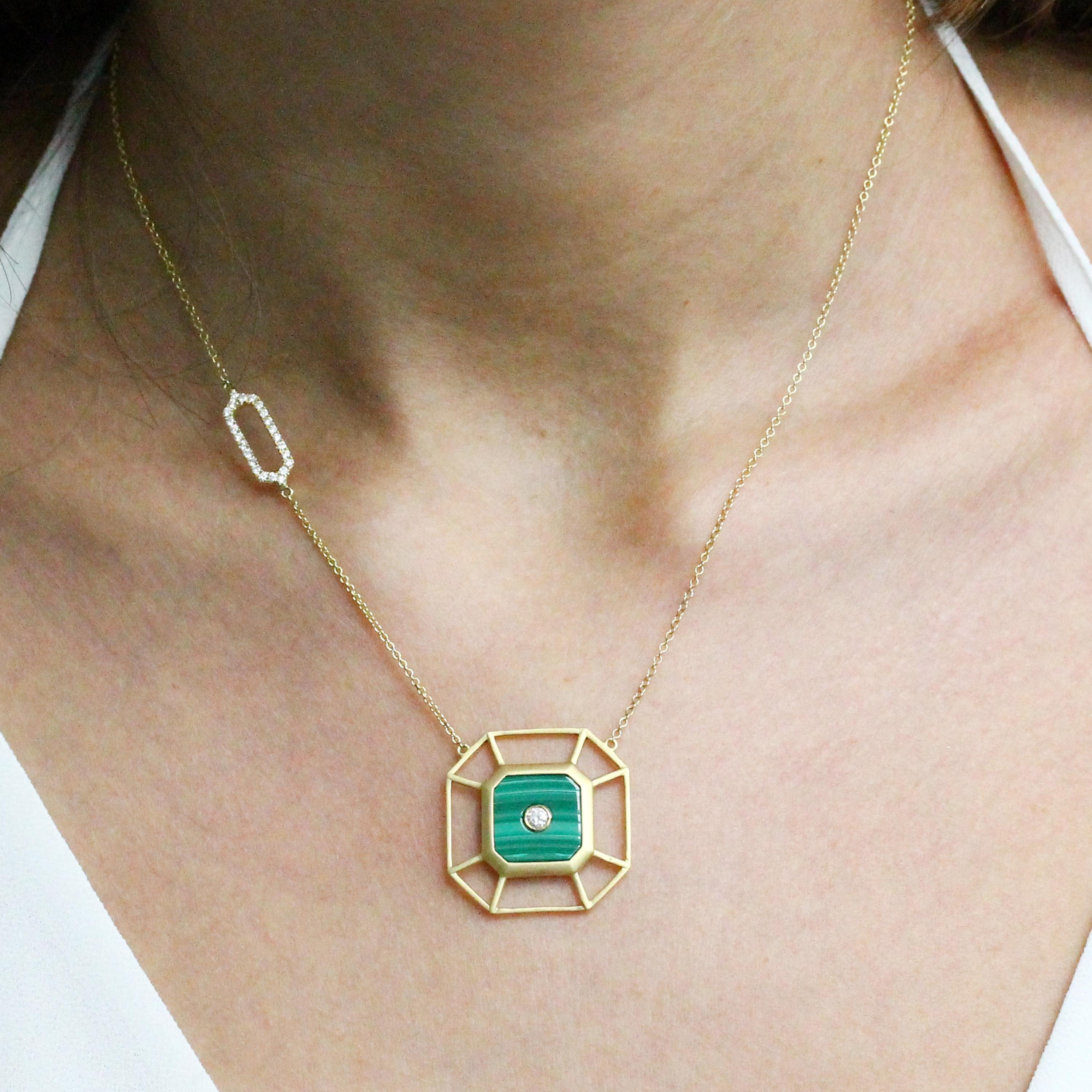 Art-Deco Style Malachite Hexagon Necklace with diamonds on a 18