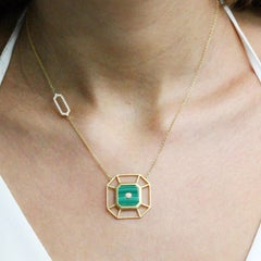 18 Karat Matte Yellow Gold Art Deco Style Hexagon Necklace Malachite Diamonds