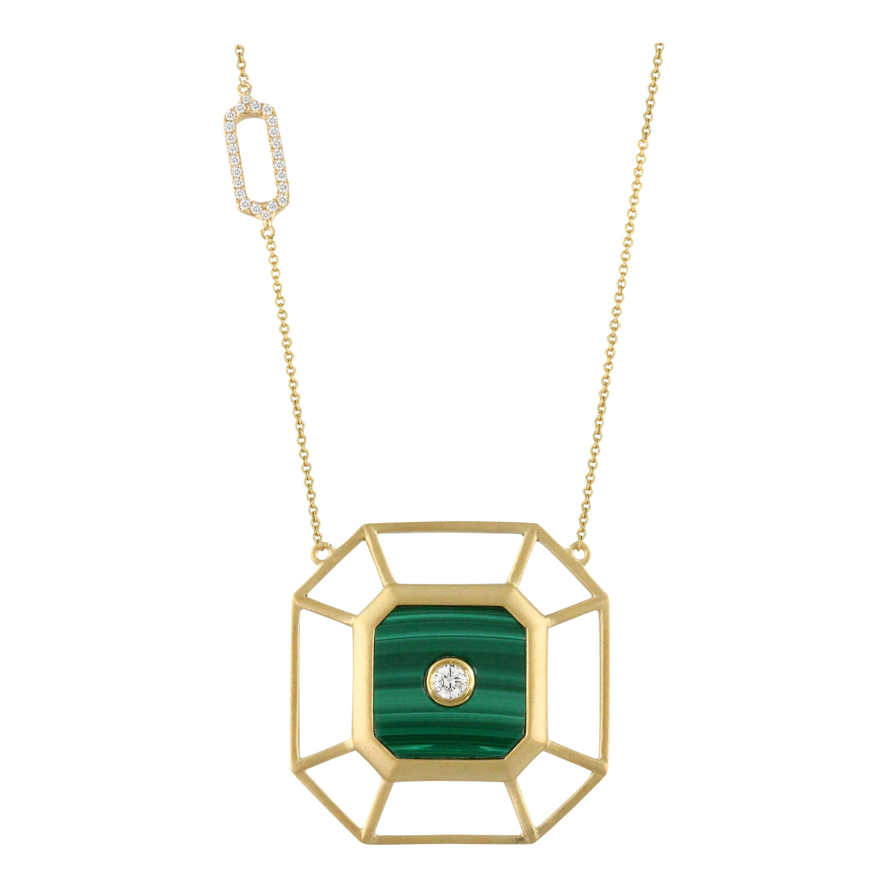 18 Karat Matte Yellow Gold Art Deco Style Hexagon Necklace Malachite Diamonds