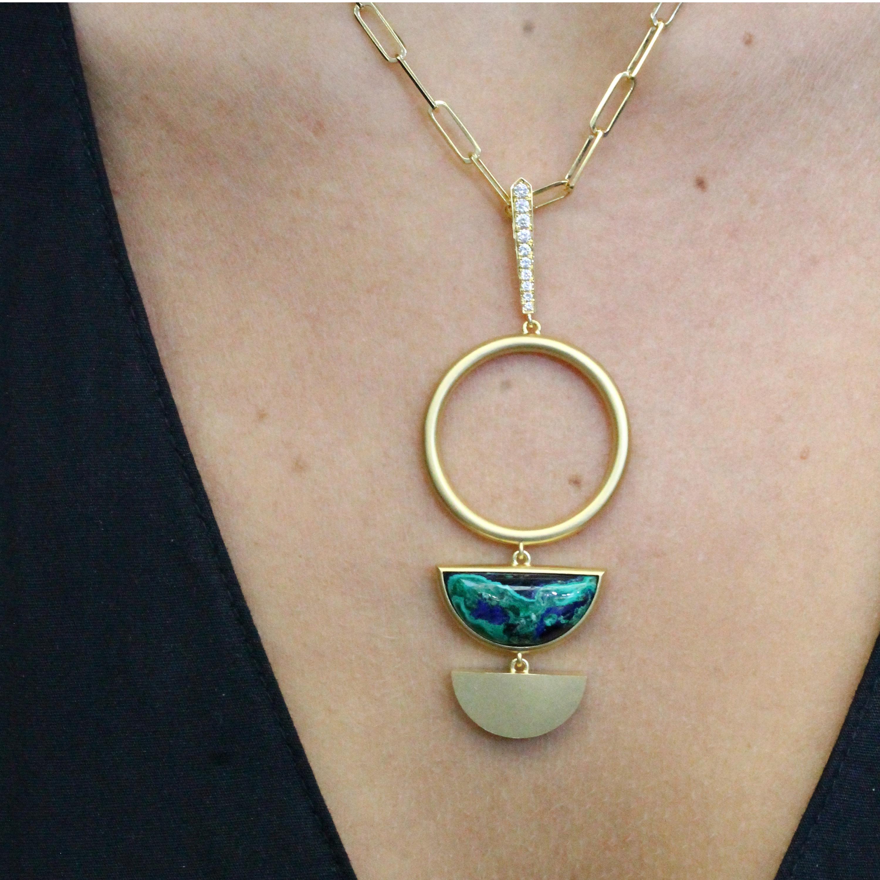One-of-a-Kind 18K Yellow Gold Necklace featuring Azurite-Malachite and Diamonds, in a Half-Moon setting. Hangs from a 18K 18