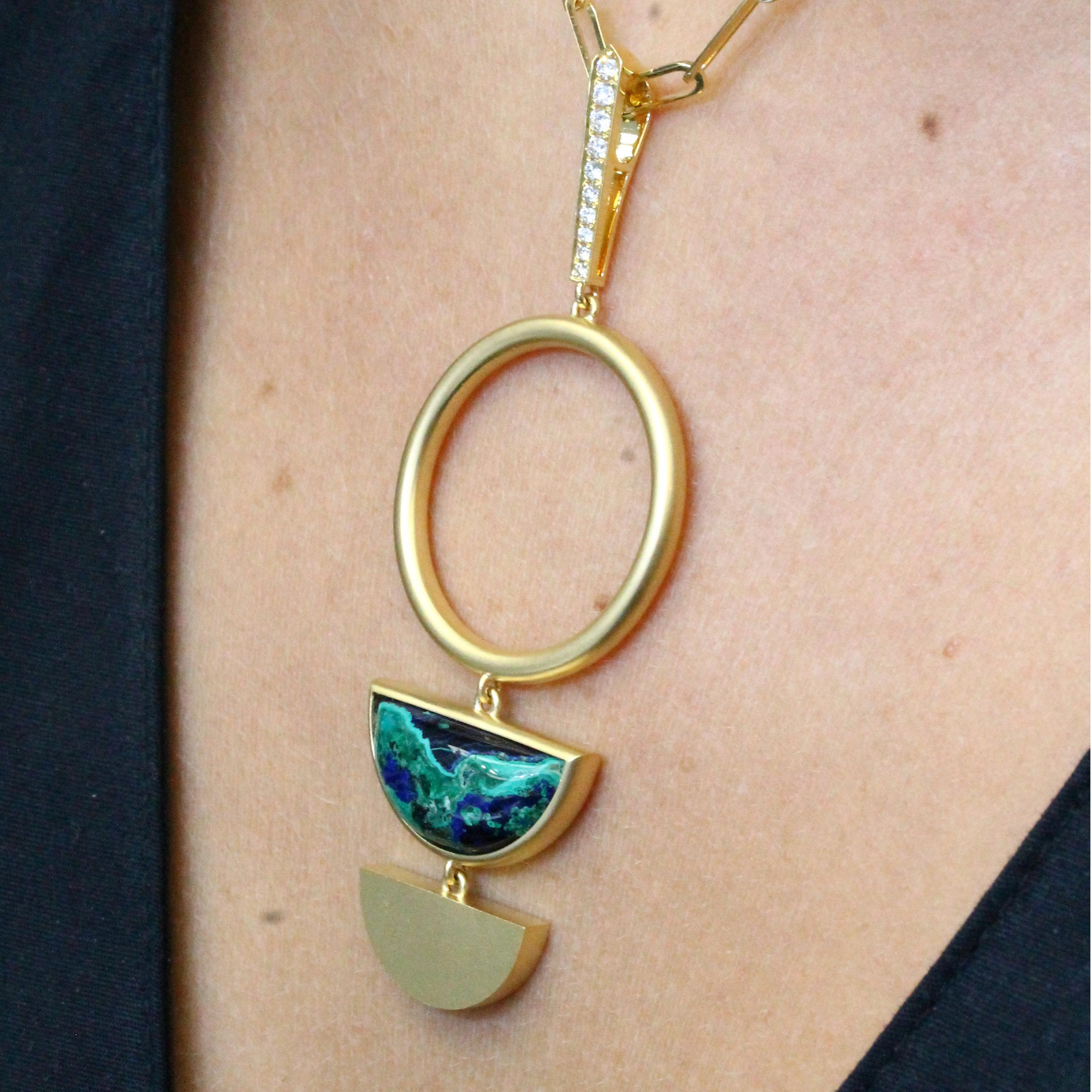 Half Moon Cut 18 Karat Matte Yellow Gold Half-Moon Necklace with Azurite-Malachite & Diamonds For Sale