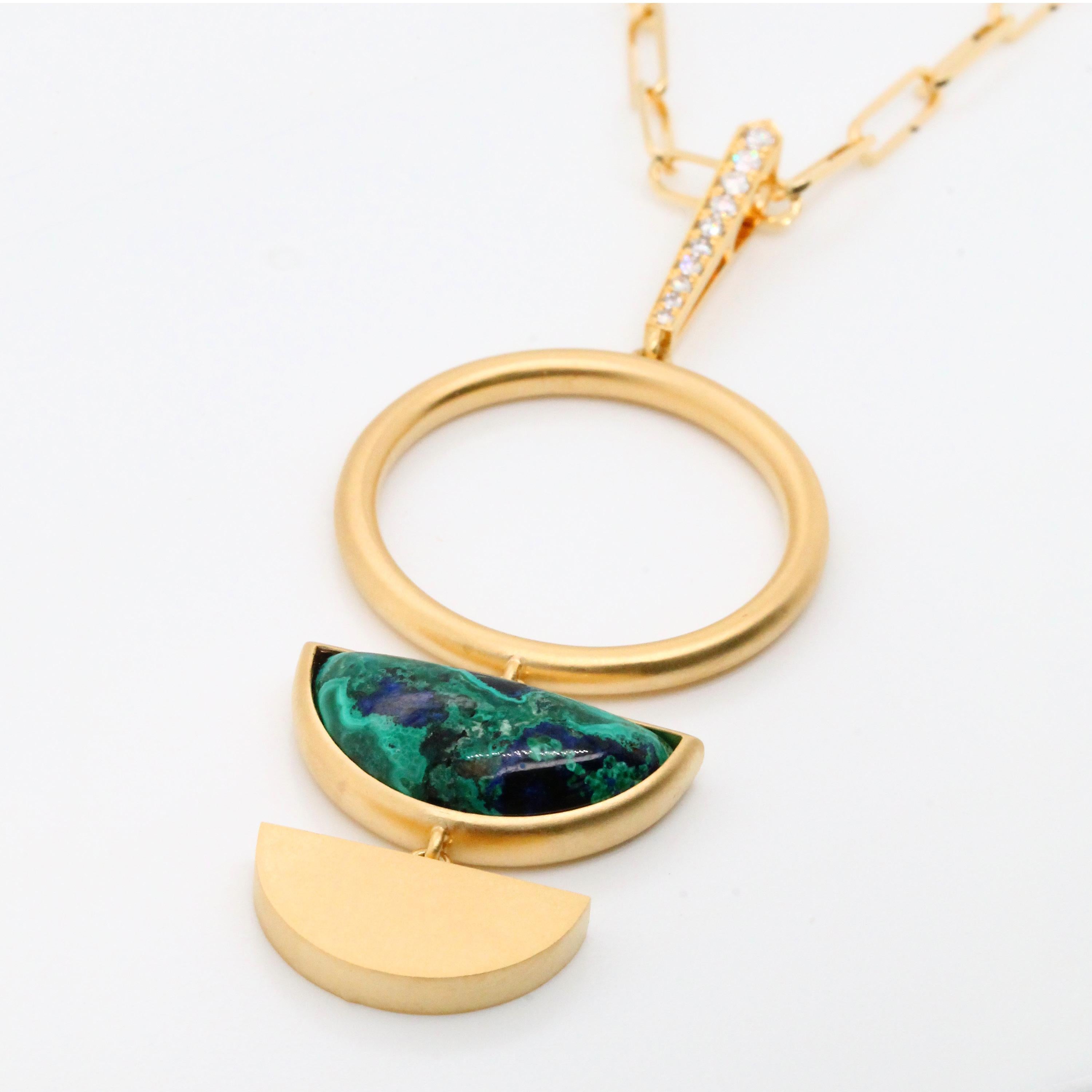 18 Karat Matte Yellow Gold Half-Moon Necklace with Azurite-Malachite & Diamonds For Sale 1