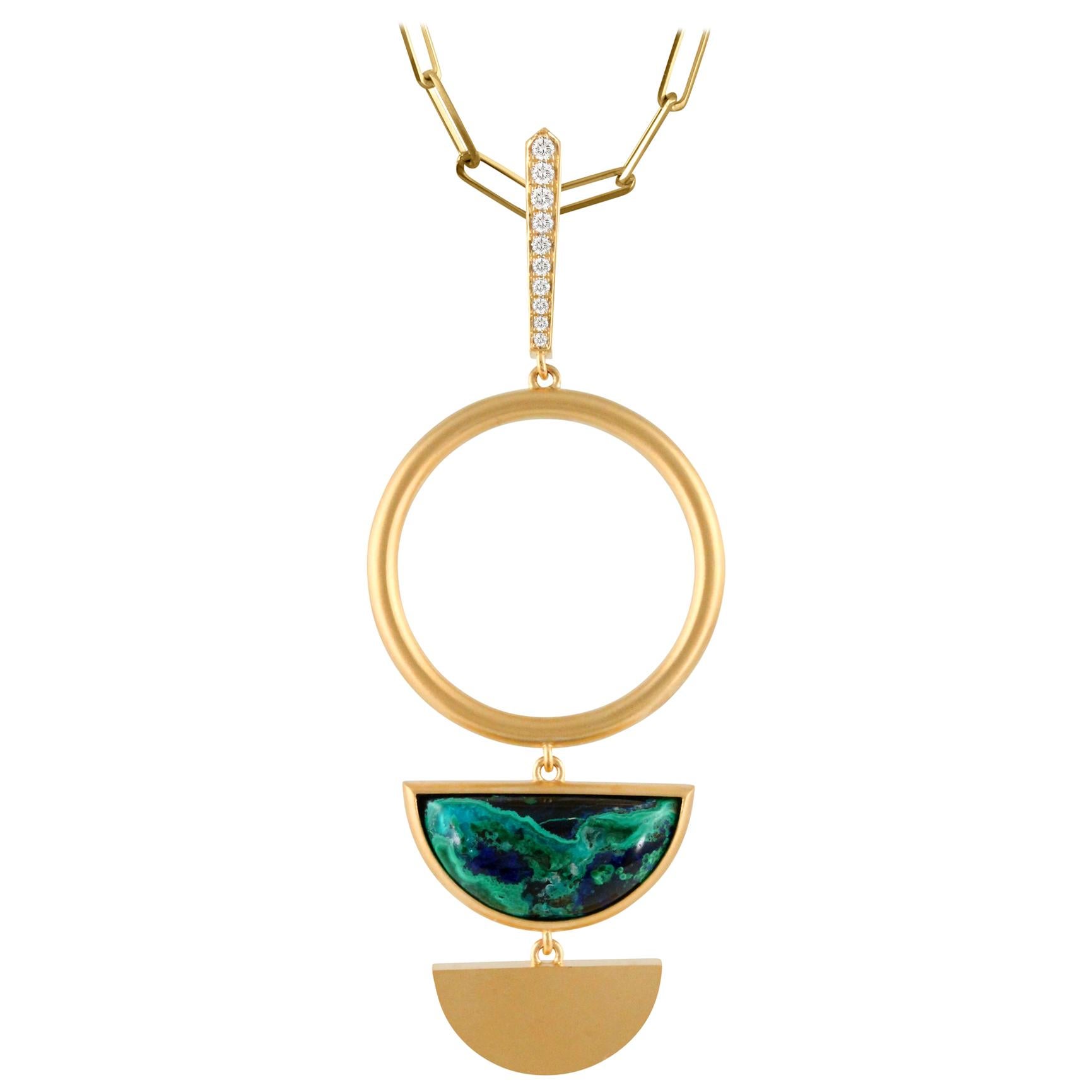 18 Karat Matte Yellow Gold Half-Moon Necklace with Azurite-Malachite & Diamonds For Sale