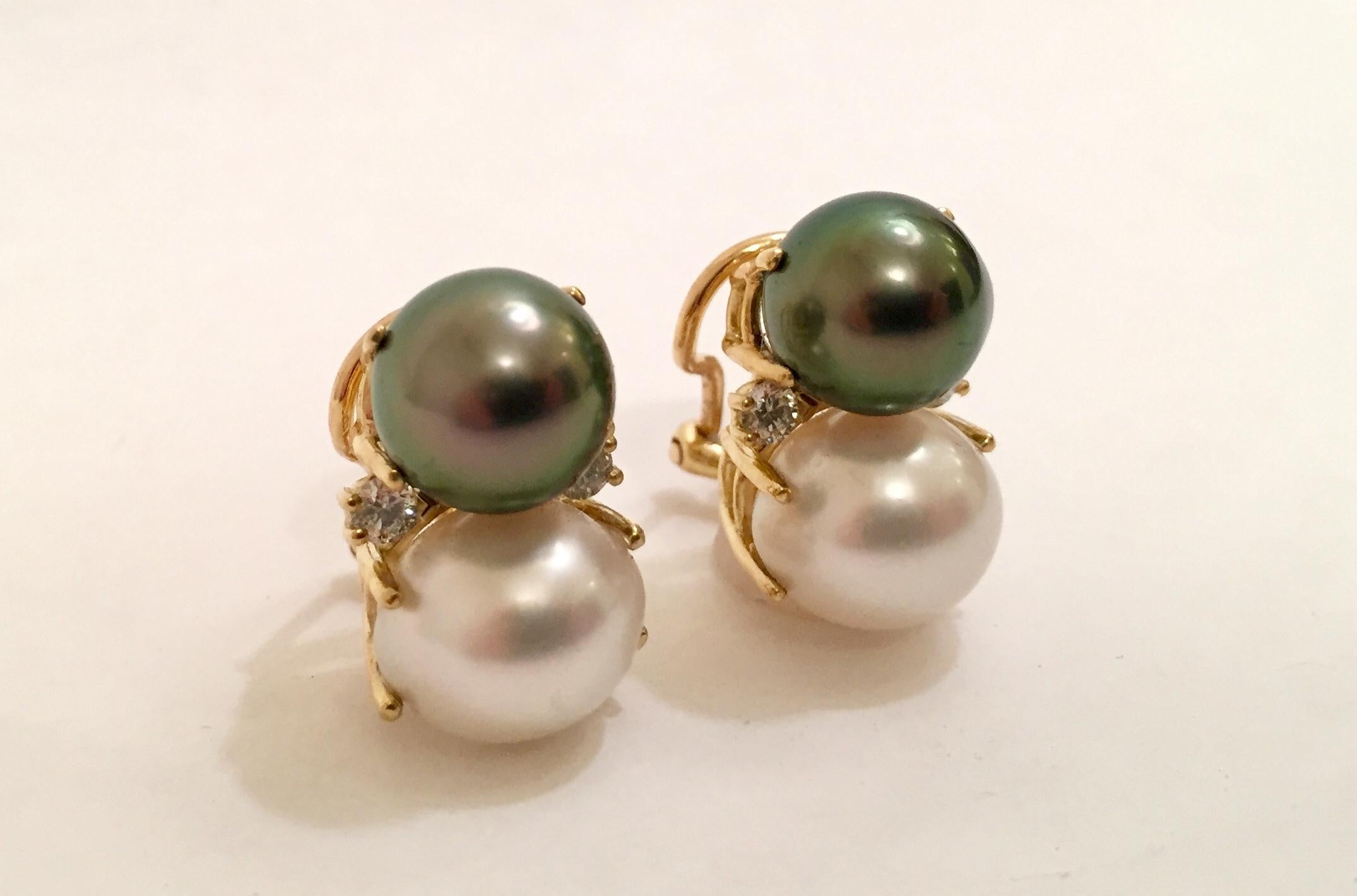 Contemporary 18 Karat Medium Gum Drop Earrings with Pearls and Diamonds For Sale