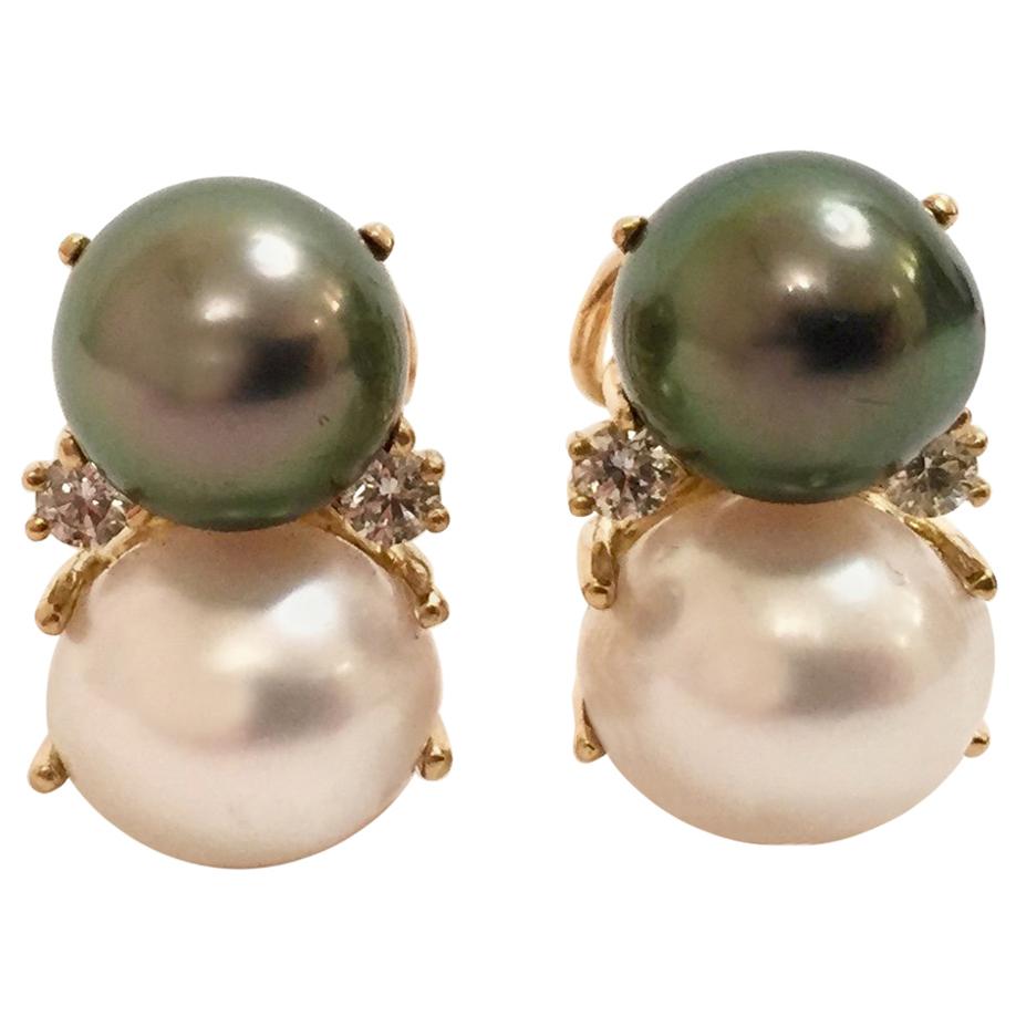 18 Karat Medium Gum Drop Earrings with Pearls and Diamonds For Sale
