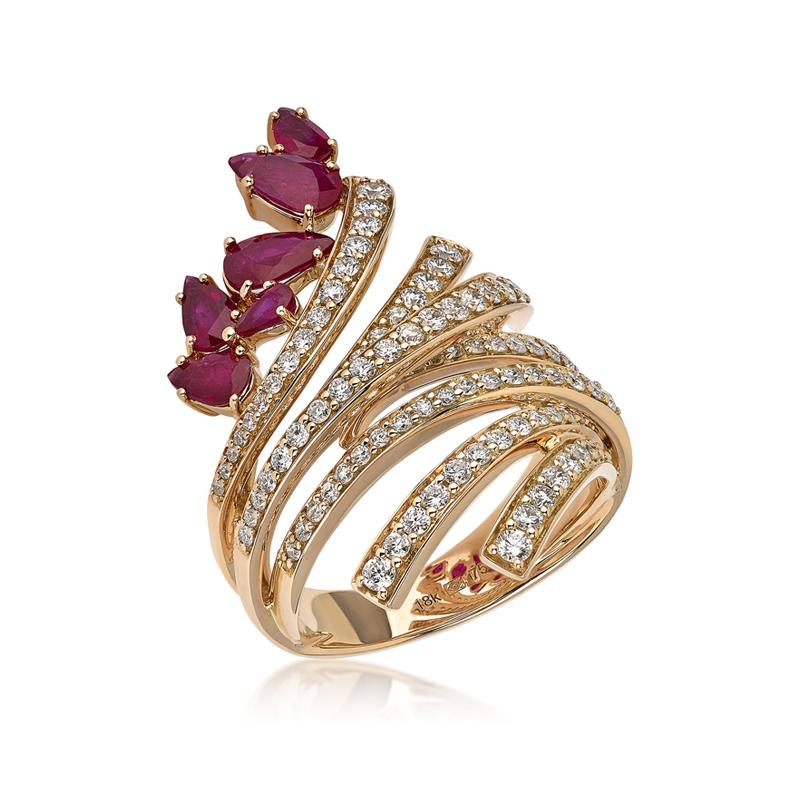 Contemporary 18 Karat Mirage Yellow Gold Ring with Diamonds and Ruby For Sale