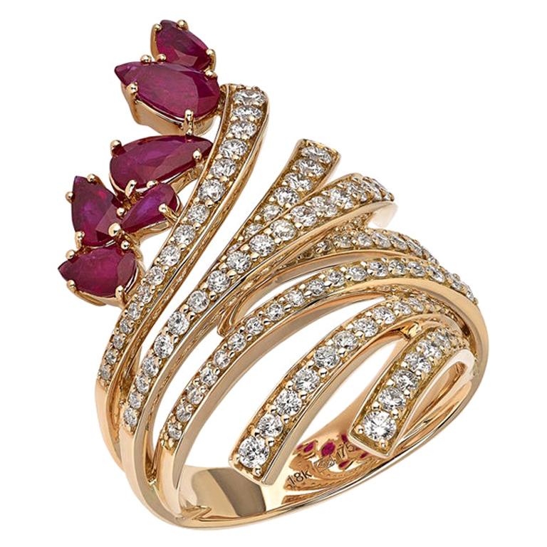 18 Karat Mirage Yellow Gold Ring with Diamonds and Ruby For Sale